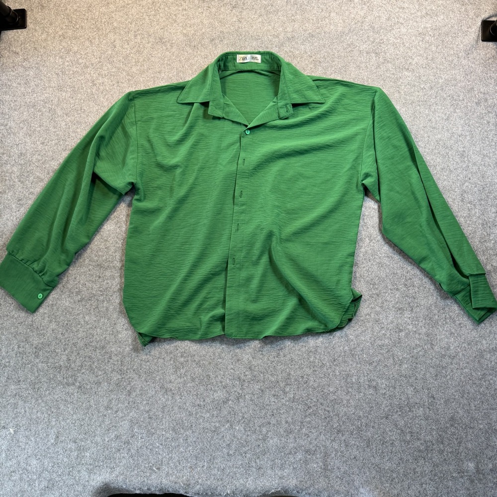 Zara Textured Button Down Shirt XL Green Relaxed Fit Long Sleeve